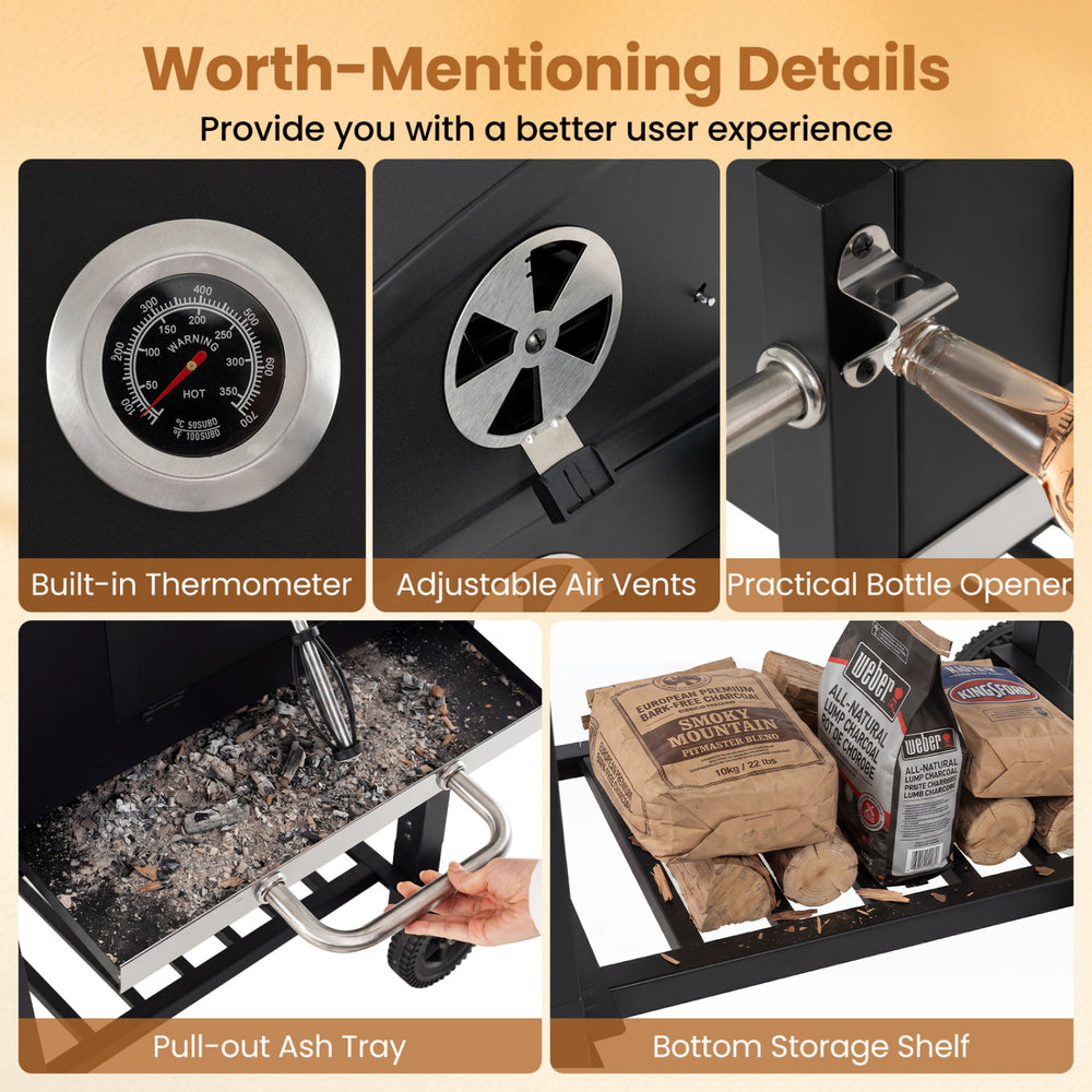 Portable outdoor barbecue grill features a built-in thermometer, adjustable air vents, and pull-out ash tray for easy.