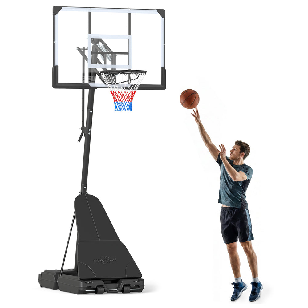 Height adjustable portable outdoor basketball hoop with a shatterproof backboard, ideal for various skill levels.