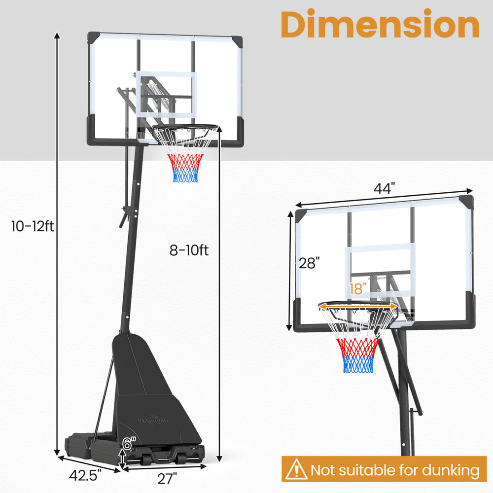 Height adjustable portable outdoor basketball hoop with a shatterproof backboard and large stable base for easy movement.