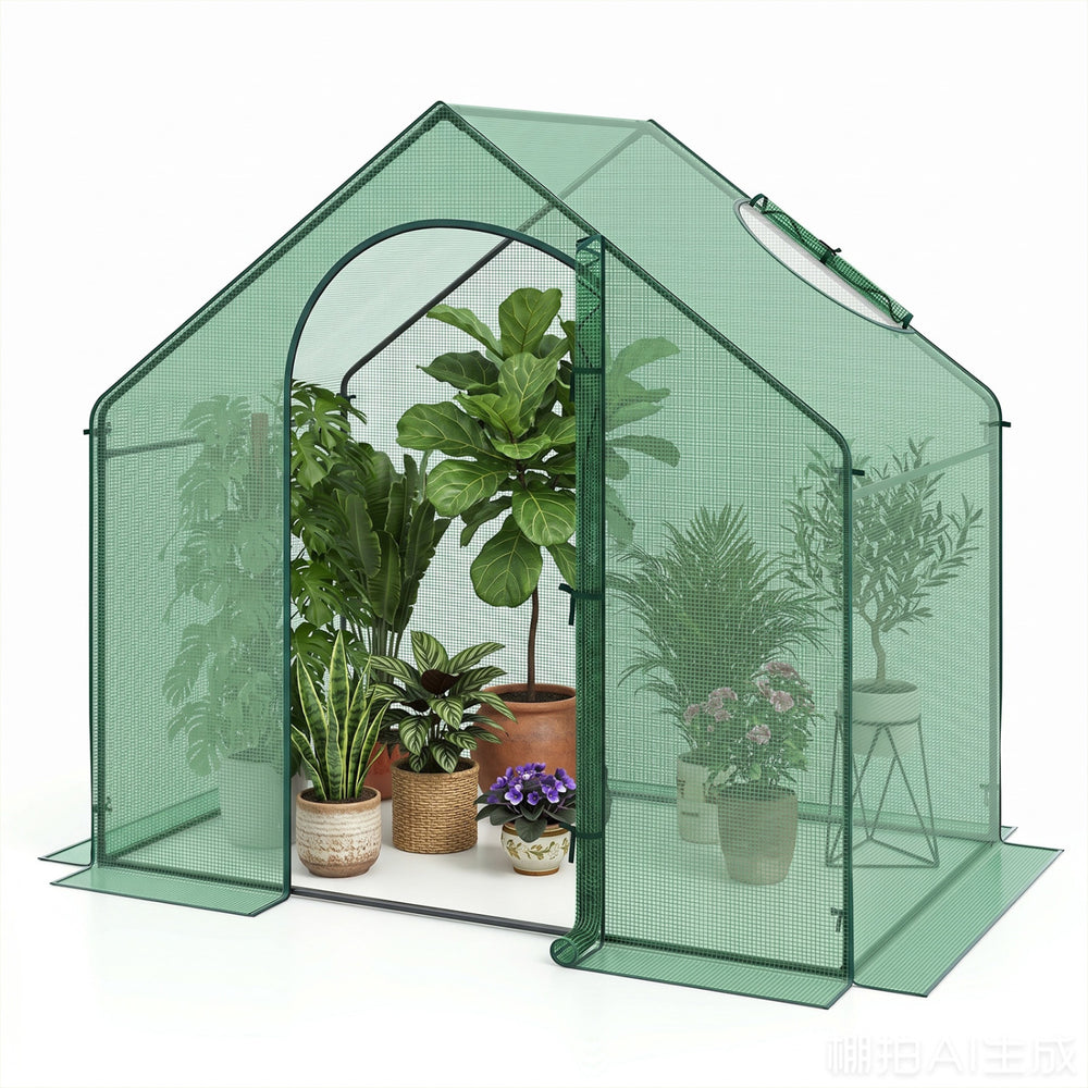 Portable outdoor warm house with PE cover and roll-up zippered door, featuring a top window for enhanced air circulation.