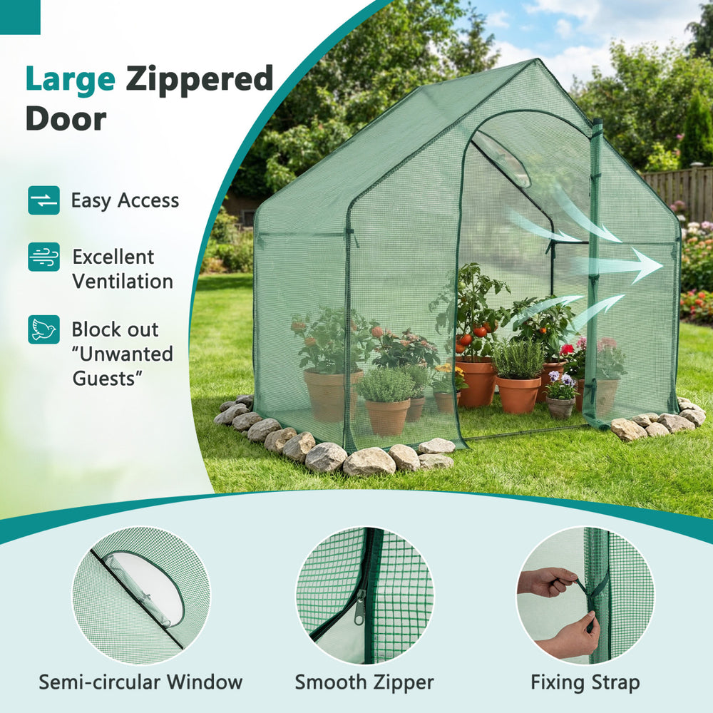 Portable outdoor warm house with PE cover and roll-up zippered door, ideal for protecting plants year-round.