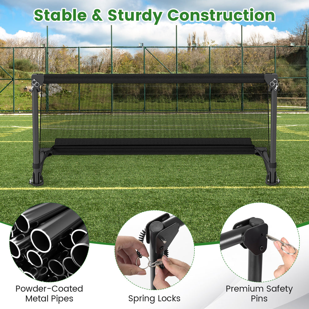 Portable toddler soccer net with heavy-duty metal frame, spring locks, and tear-resistant netting for outdoor play.