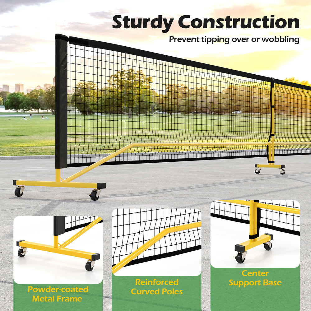 22 ft portable pickleball net with a robust metal frame, lockable wheels, and reinforced support for stability during.