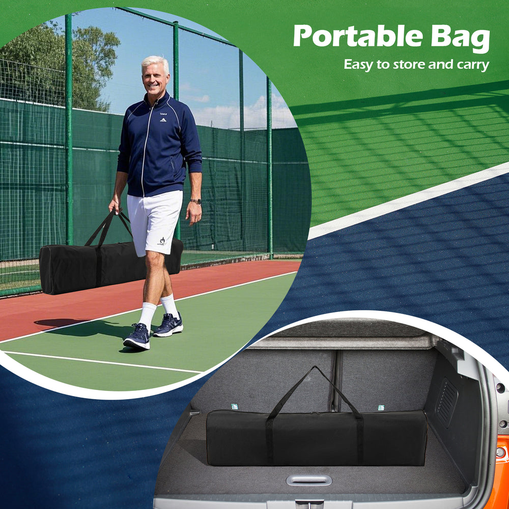 Portable pickleball net with carry bag, featuring a strong 18-ply PE net and 6 lockable wheels for easy transport.