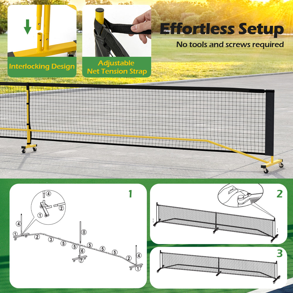 Portable 22 ft pickleball net with adjustable tension strap and lockable wheels, perfect for indoor and outdoor play.