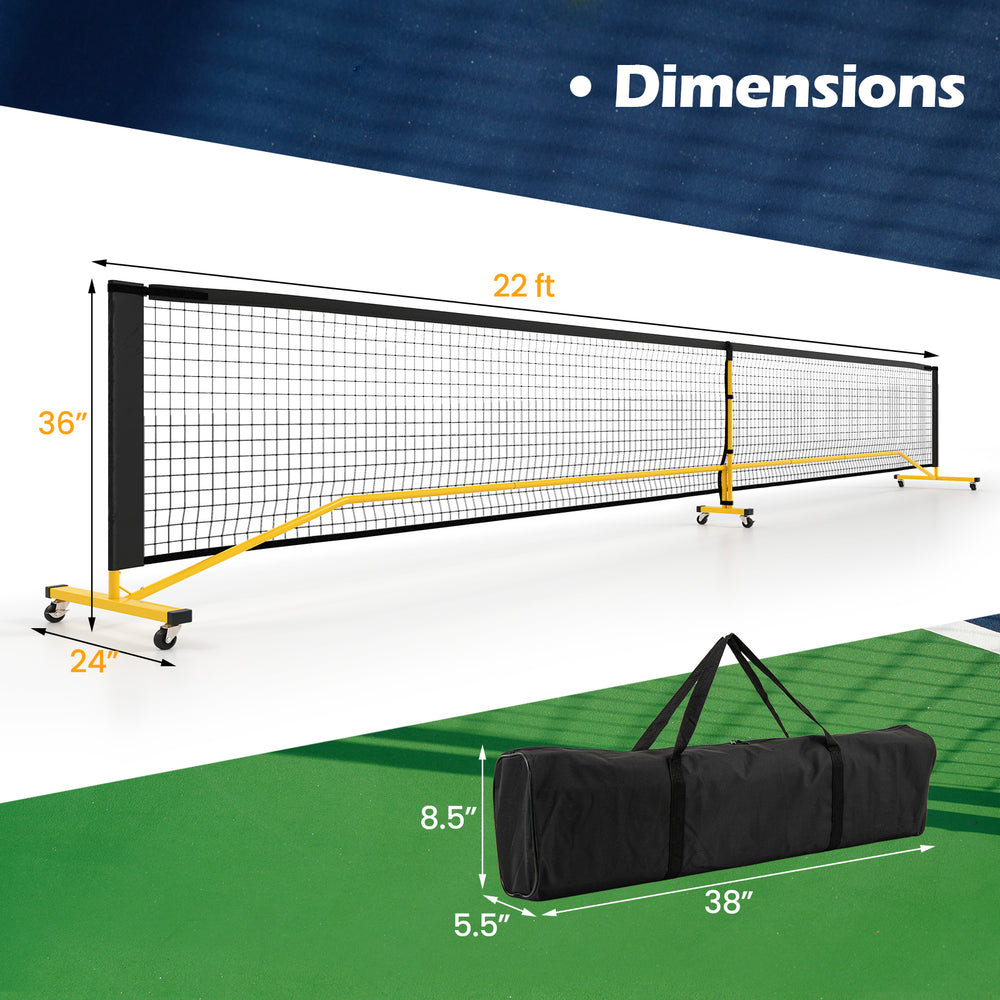 Portable 22 ft pickleball net with 6 lockable wheels and carry bag, shown with dimensions for easy setup and transport.