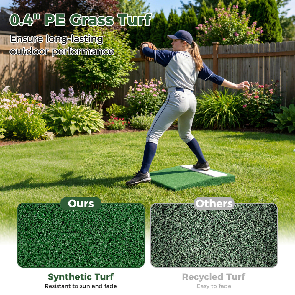 Portable pitching mound featuring 0.4" synthetic turf, EVA carry handle, and wooden core for stable performance.