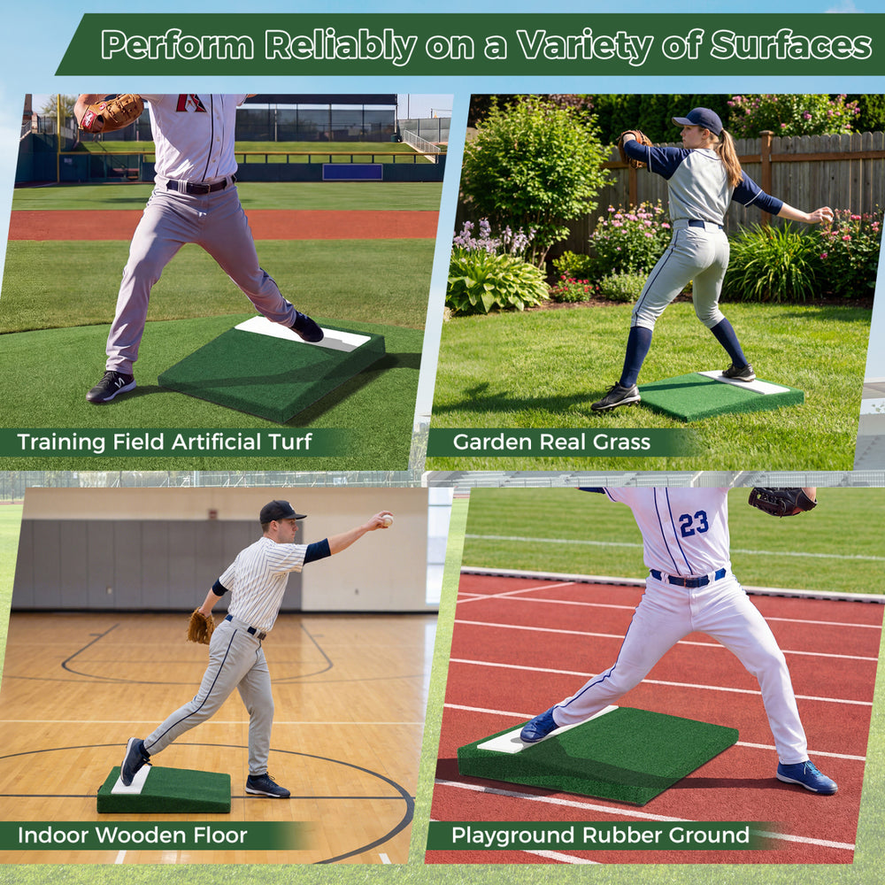 Portable pitching mound with synthetic turf, ideal for practice on various surfaces, featuring a carry handle for easy.