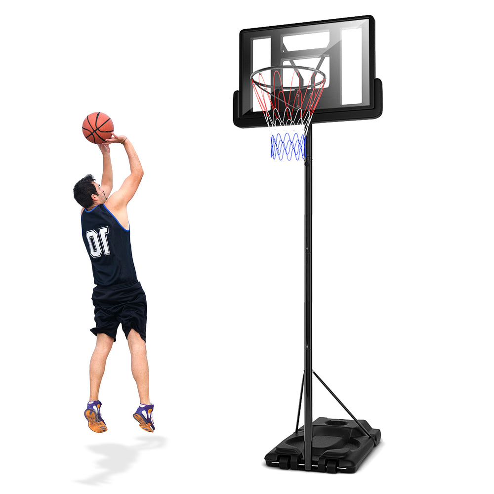 Height adjustable portable basketball hoop with shatterproof backboard, ideal for indoor and outdoor use.