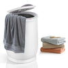 20L bathroom towel warmer in white with a towel draped over it, designed for rapid heating and auto shut-off safety.