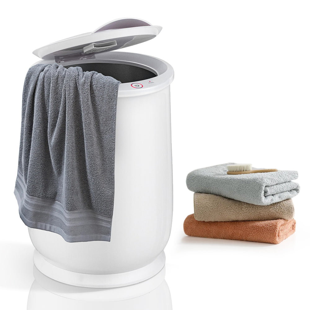 20L bathroom towel warmer in white with a towel draped over it, designed for rapid heating and auto shut-off safety.