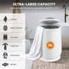 White 20L bathroom towel warmer with flip top lid, holding two large bath towels, perfect for spa-like relaxation.