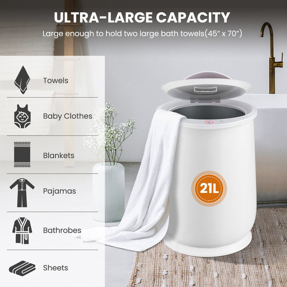 White 20L bathroom towel warmer with flip top lid, holding two large bath towels, perfect for spa-like relaxation.