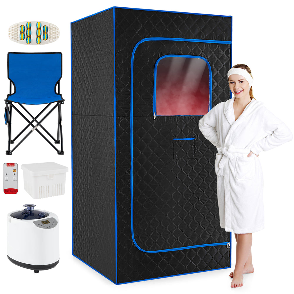 Portable steam sauna box with 3L steamer, stainless steel interior, and included chair for relaxing wellness sessions.