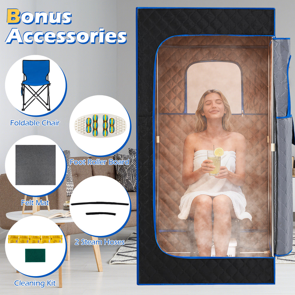 Portable steam sauna box with transparent window, 3L steamer, and bonus accessories for convenient home wellness.