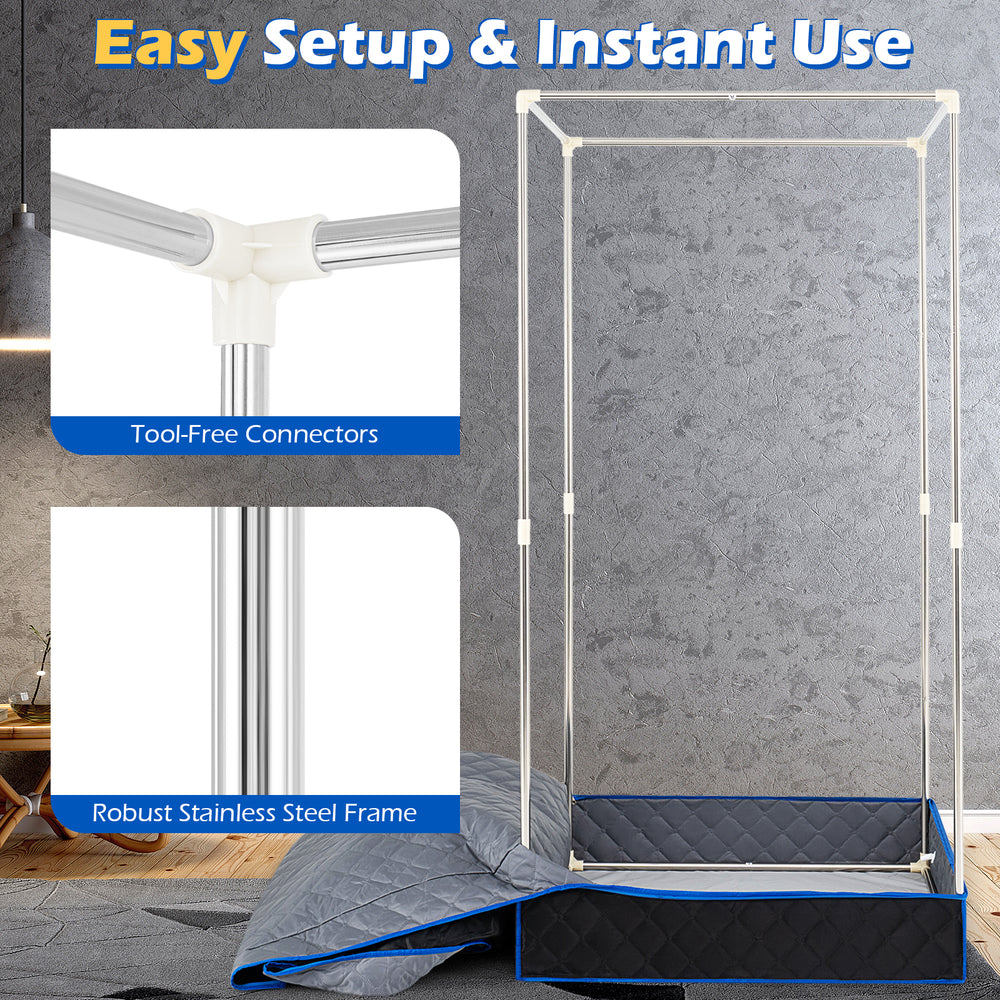 Portable steam sauna box with a robust stainless steel frame and tool-free connectors for easy setup and instant use.