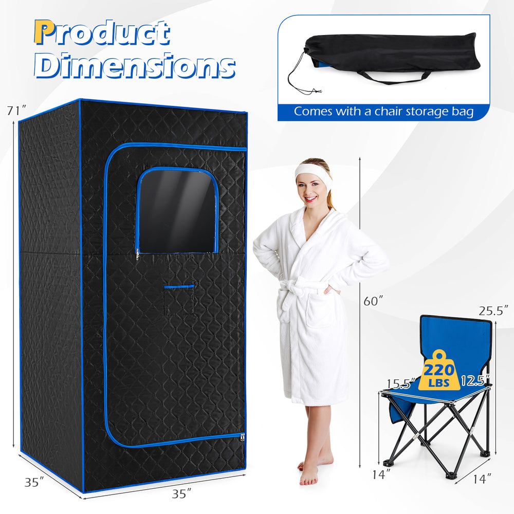 Portable steam sauna box with a 3L steamer, featuring a spacious design and included chair for home relaxation.