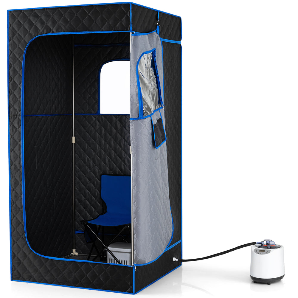 Portable steam sauna box with a 3L steamer, adjustable temperature, and included chair for home relaxation.