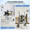Portable table saw stand in both unfolded and folded modes, featuring a heavy-duty metal base and 8-inch rubber wheels.