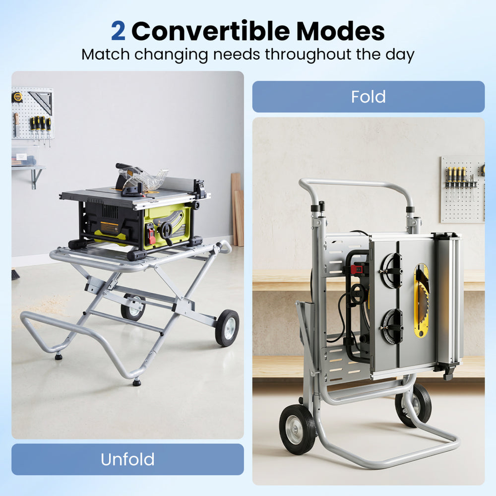 Portable table saw stand in both unfolded and folded modes, featuring a heavy-duty metal base and 8-inch rubber wheels.