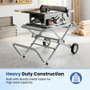 Portable table saw stand with heavy-duty metal base and 8-inch rubber wheels, ideal for garages and workshops.