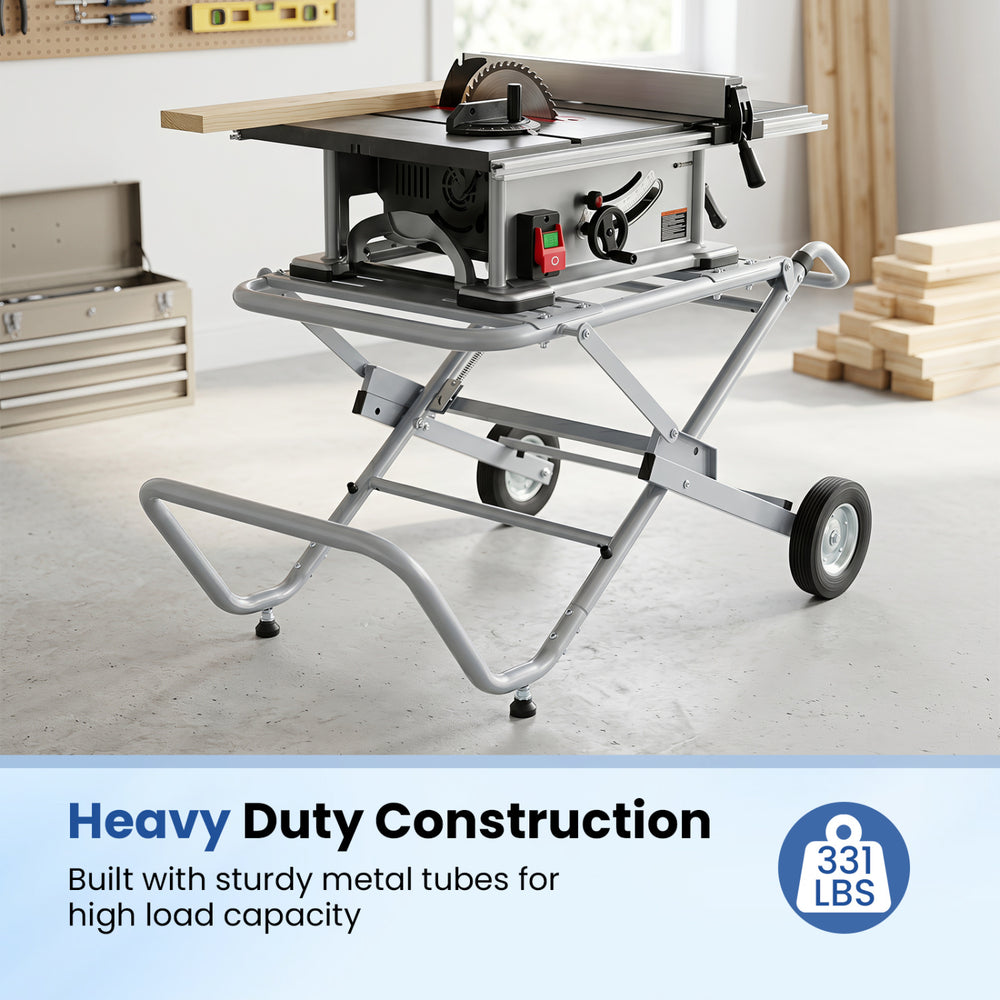Portable table saw stand with heavy-duty metal base and 8-inch rubber wheels, ideal for garages and workshops.