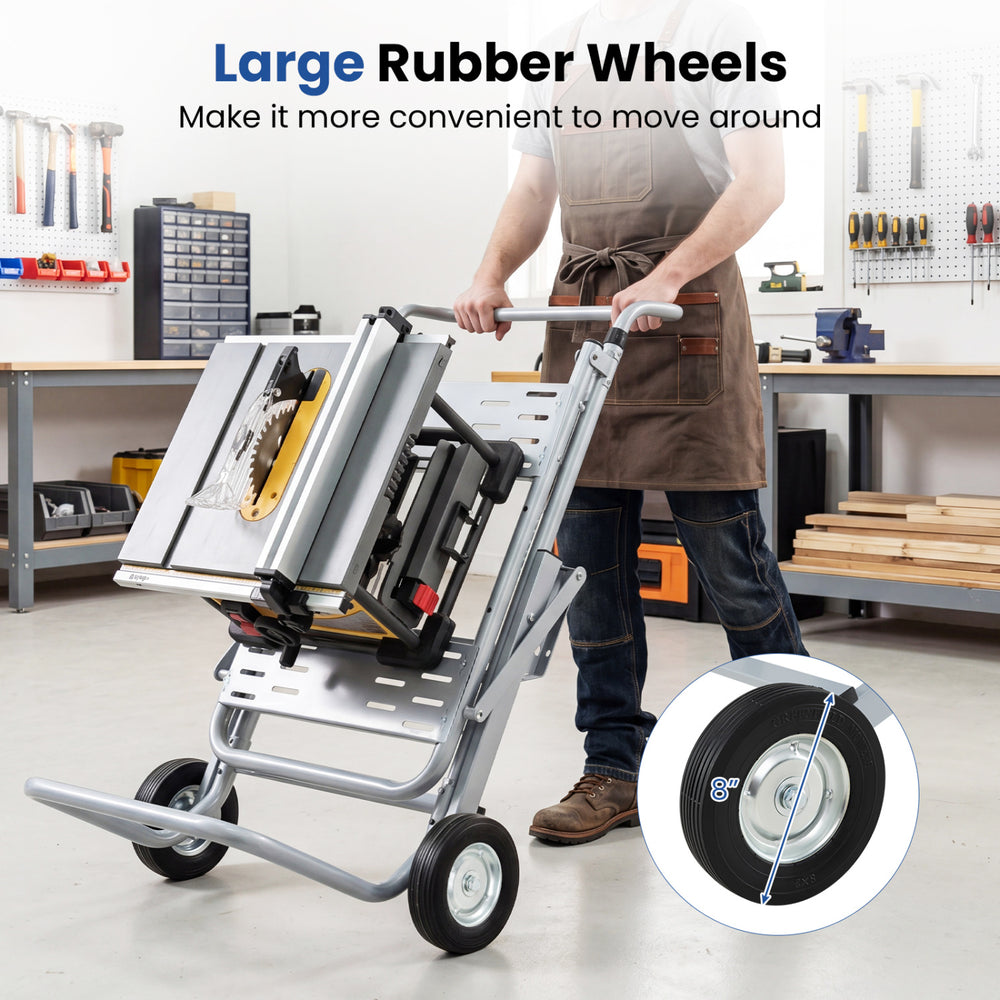 Portable table saw stand with 8-inch rubber wheels for easy mobility, designed for workshops and outdoor use.