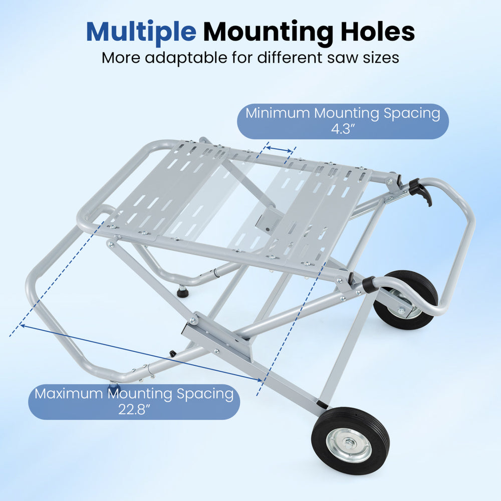 Portable table saw stand with heavy-duty metal base, featuring multiple mounting holes and 8-inch rubber wheels for mobility.
