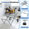 Portable table saw stand with heavy-duty metal base, adjustable foot pads, and 8-inch rubber wheels for easy mobility.