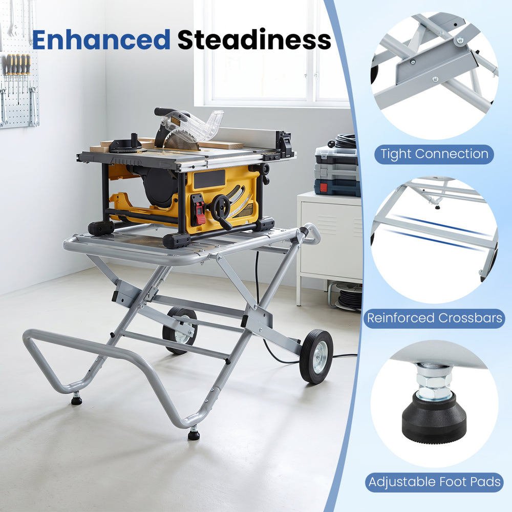 Portable table saw stand with heavy-duty metal base, adjustable foot pads, and 8-inch rubber wheels for easy mobility.