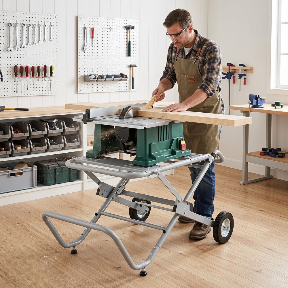 Portable table saw stand in use, showcasing its sturdy metal base and adjustable components for versatile woodworking tasks.