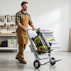 Portable table saw stand with heavy-duty metal base and 8-inch rubber wheels, ideal for workshops and outdoor use.