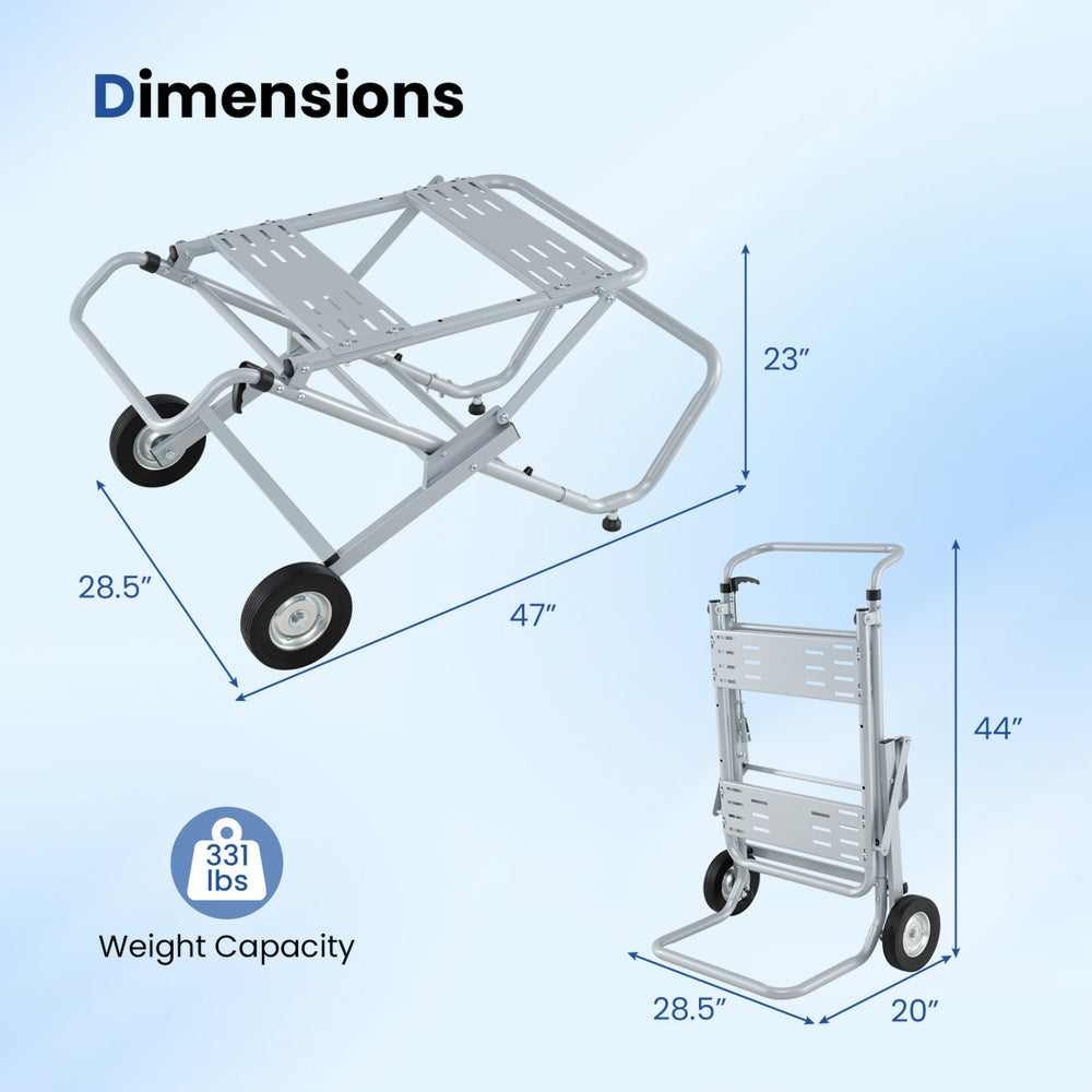 Portable table saw stand with a heavy-duty metal base, featuring 8-inch rubber wheels for easy mobility and storage.