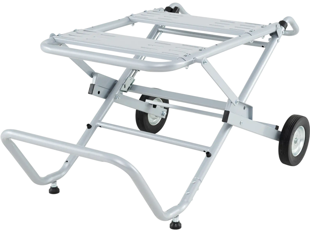 Portable table saw stand with heavy-duty metal base, 8-inch rubber wheels, and adjustable foot pads for stability.