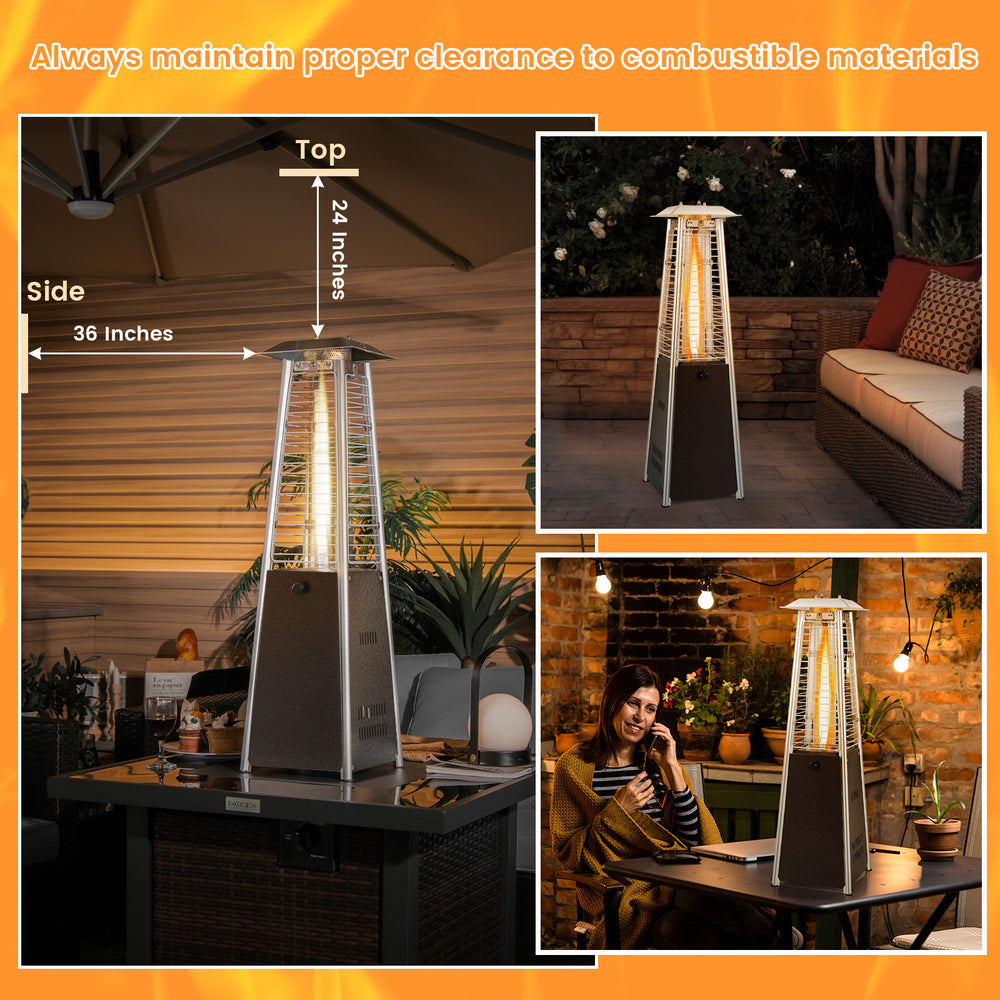 Portable steel tabletop patio heater with glass tube, 10000 BTU, 360° heating, ideal for outdoor gatherings.