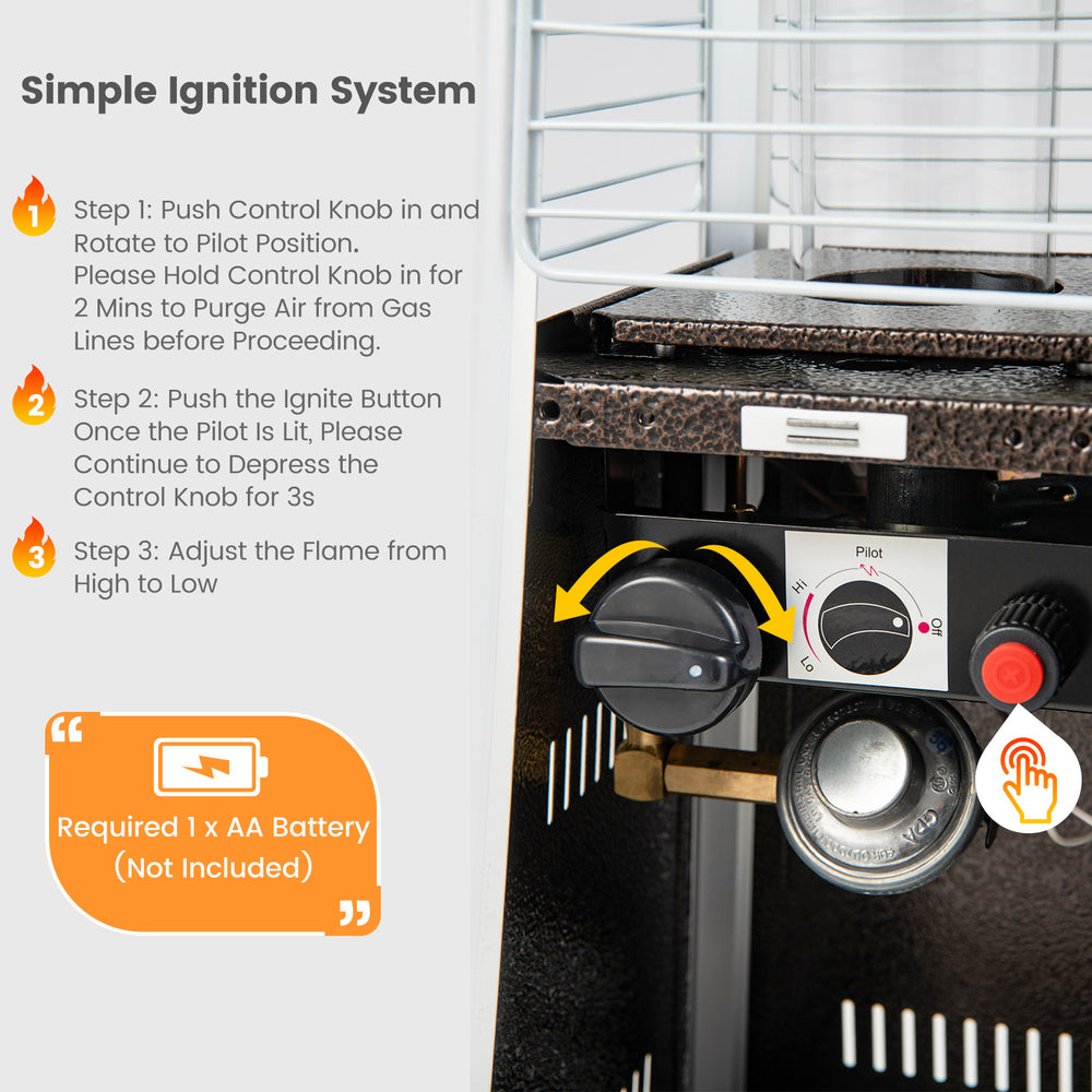 Compact 10000 BTU portable steel tabletop patio heater with simple ignition system and adjustable flame for outdoor use.