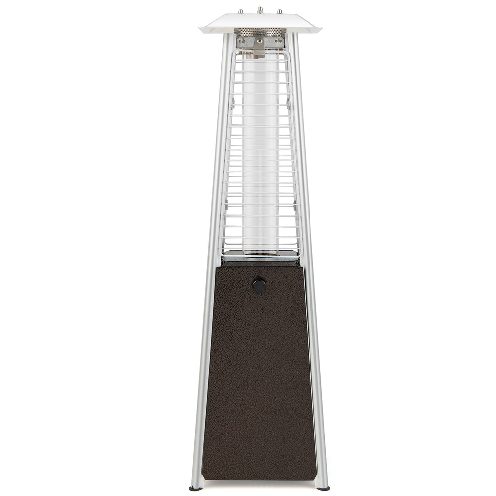 Compact 10000 BTU portable steel tabletop patio heater with glass tube, featuring adjustable flame and non-slip foot.