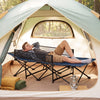 Portable toddler cot bed in navy with guardrail, featuring a sturdy frame and soft headrest for camping or indoor use.