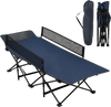 Portable travel toddler cot bed in navy with guardrail, featuring a durable frame and breathable fabric for outdoor use.