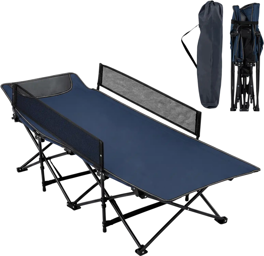 Portable travel toddler cot bed in navy with guardrail, featuring a durable frame and breathable fabric for outdoor use.