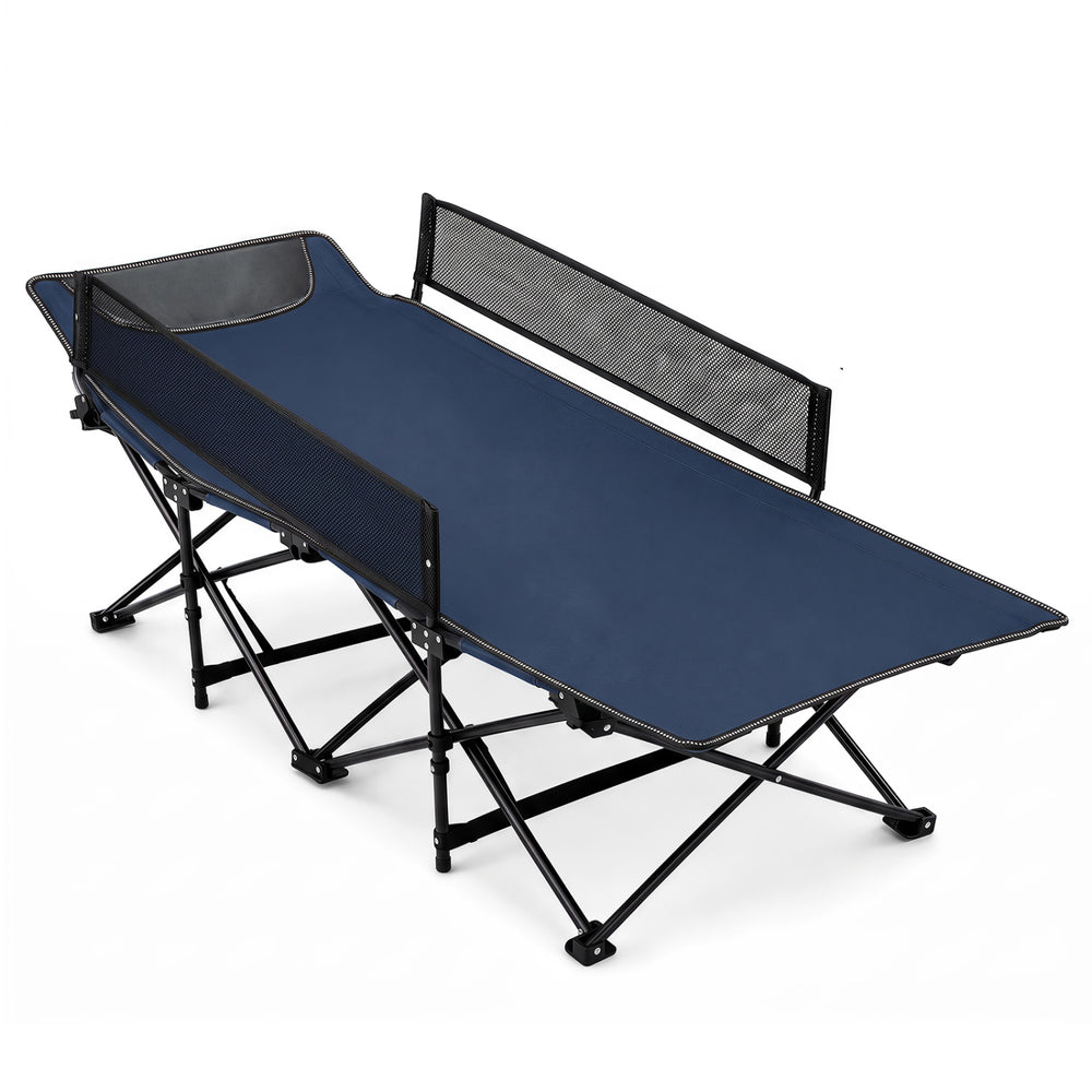 Portable toddler cot bed in navy with guardrails, made of durable Oxford fabric, ideal for travel and camping.