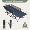 Portable travel toddler cot bed in navy with guardrail, featuring a durable metal frame and breathable fabric for comfort.
