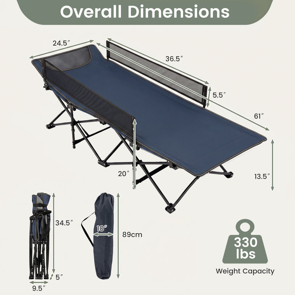 Portable travel toddler cot bed in navy with guardrail, featuring a durable metal frame and breathable fabric for comfort.