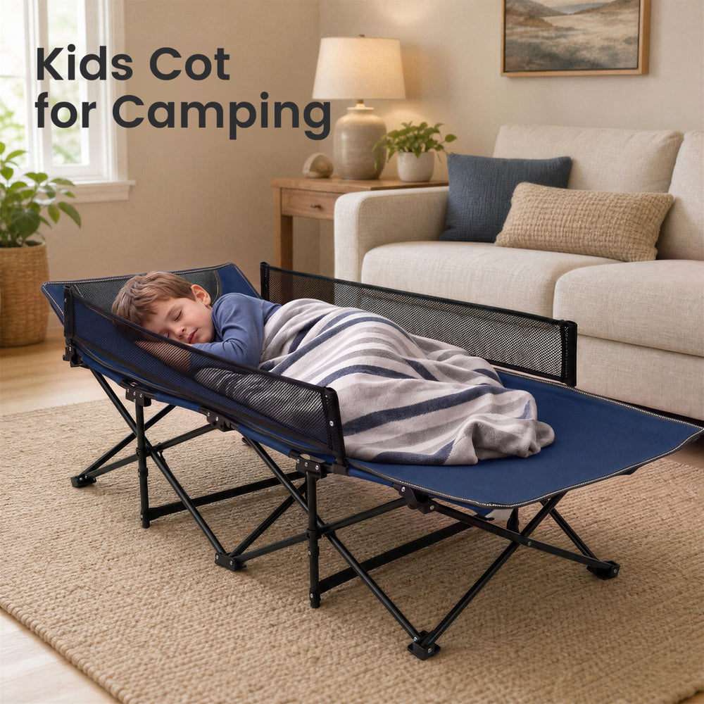 Portable toddler cot bed in navy with guardrail, featuring a durable frame and breathable fabric, perfect for camping or home use.