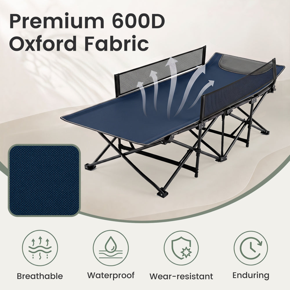 Portable travel toddler cot bed in navy with breathable 600D Oxford fabric, guardrails, and a sturdy metal frame for safety.