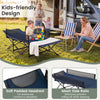 Portable travel toddler cot bed in navy features a soft padded headrest and mesh side rails for safety during sleep.