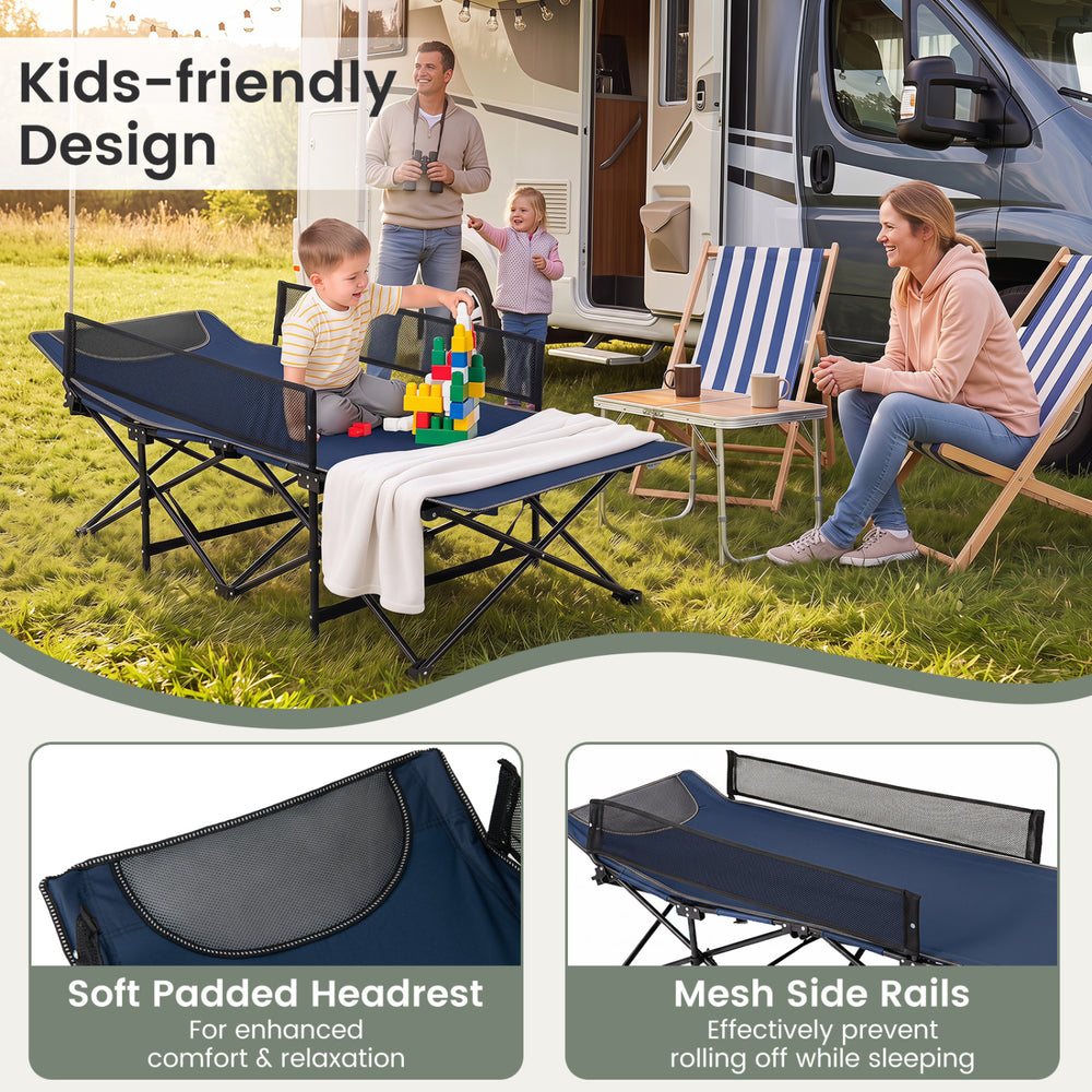 Portable travel toddler cot bed in navy features a soft padded headrest and mesh side rails for safety during sleep.