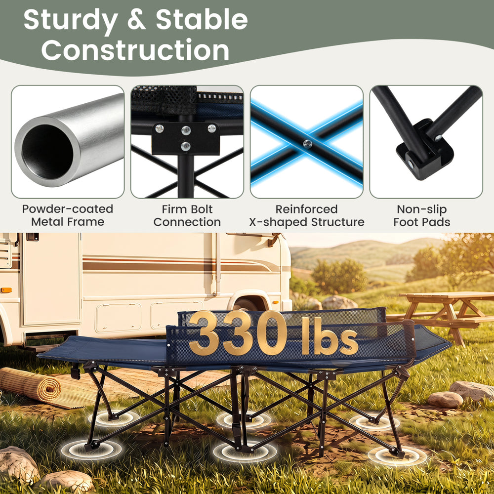 Portable travel toddler cot bed in navy with guardrail, featuring a durable metal frame and breathable waterproof fabric.