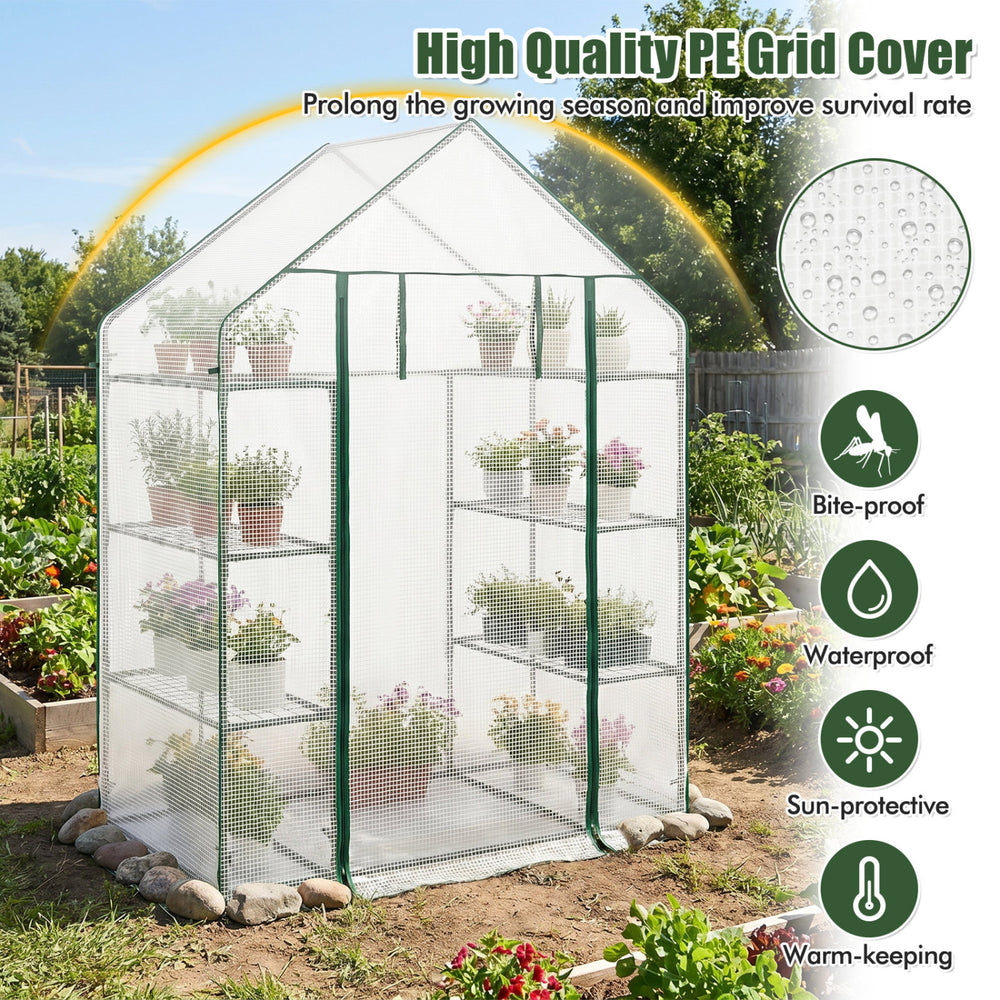 Portable walk-in greenhouse with 3 tiers and 6 shelves, featuring a waterproof PE grid cover for plant protection.