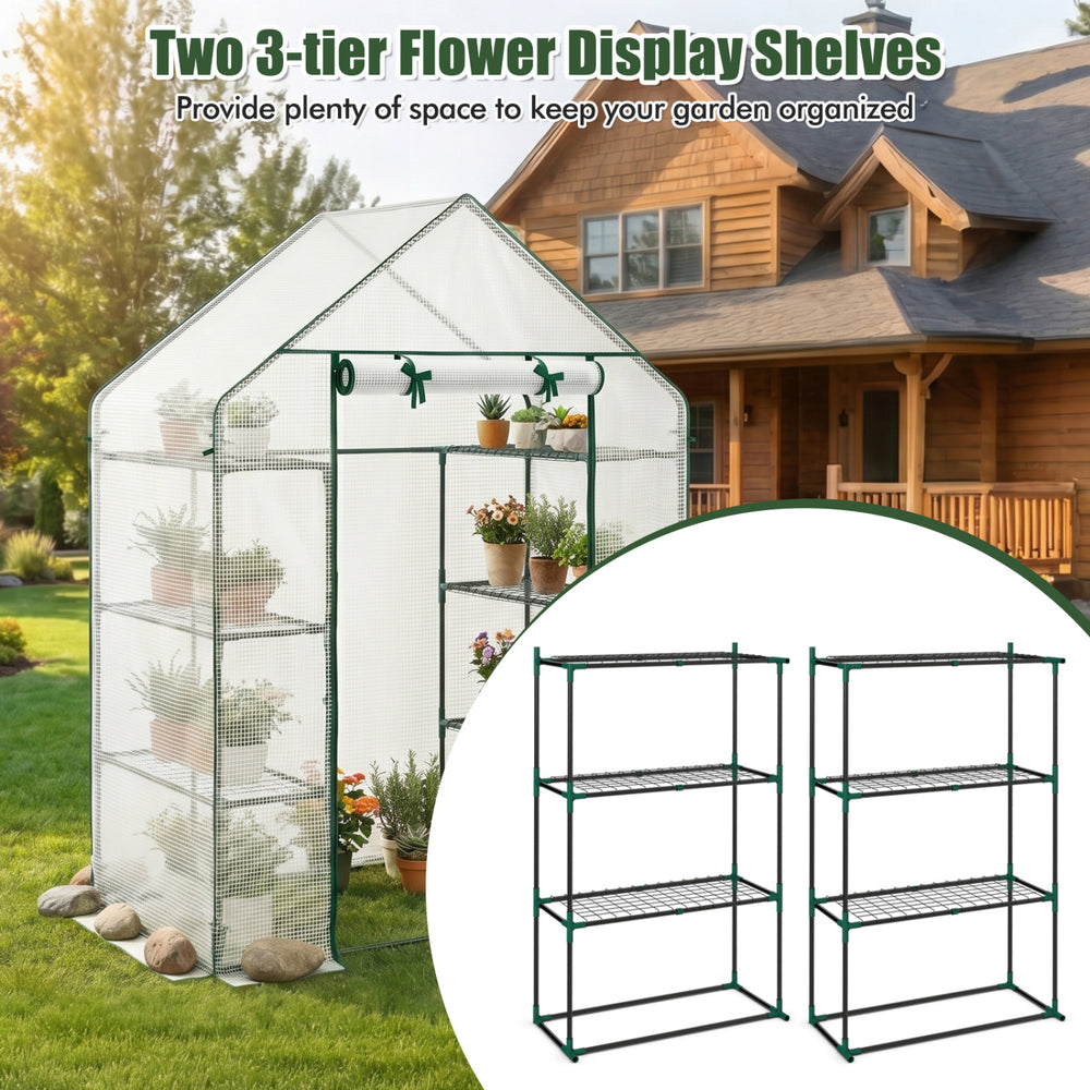 Portable walk-in greenhouse featuring two 3-tier flower display shelves for organized gardening and plant care.